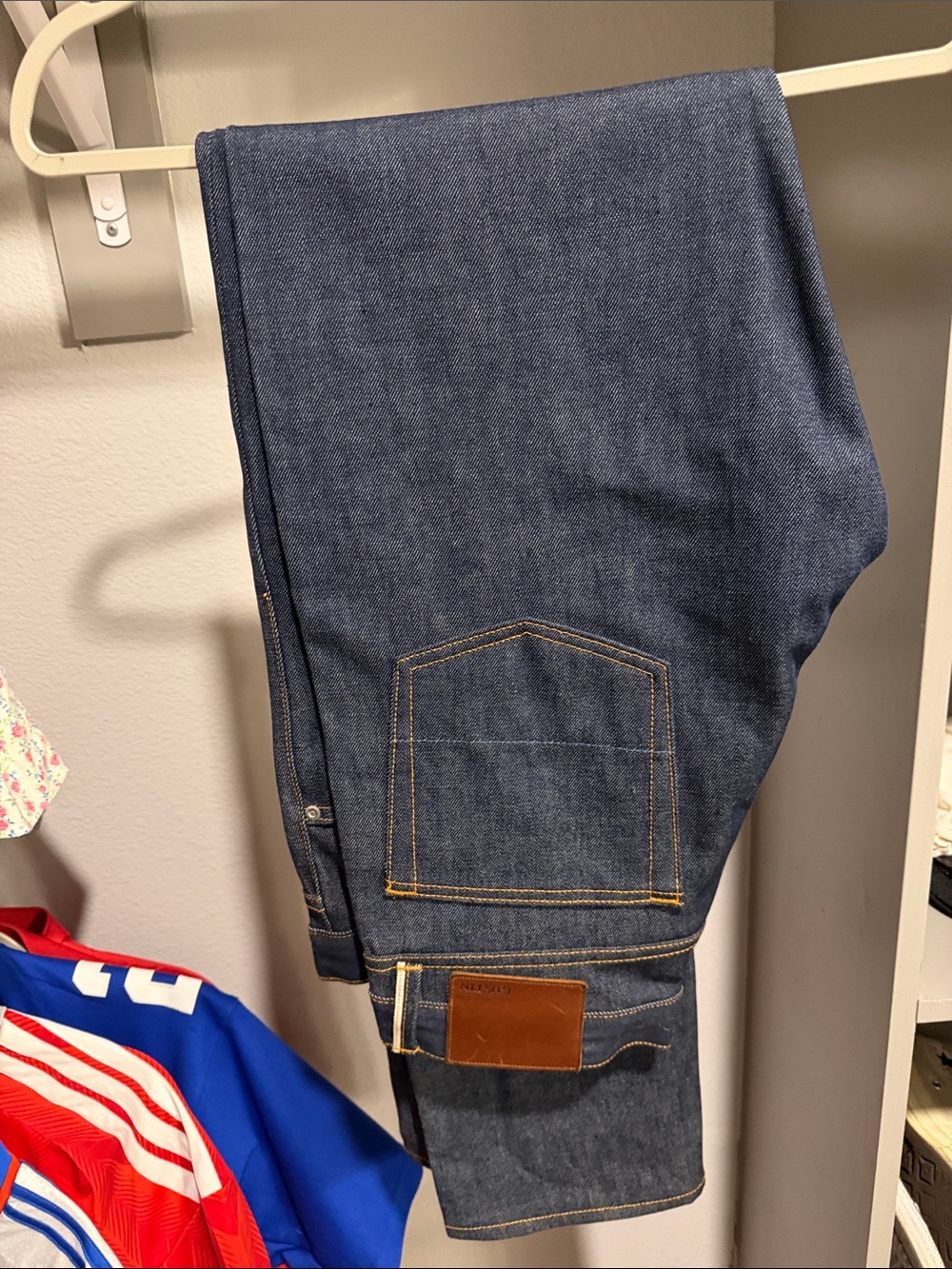 Gustin Men’s Indigo Straight Denim Jeans with Brown Leather Patch